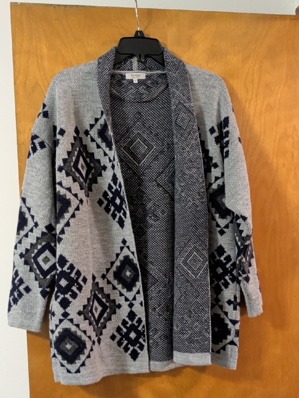 Open-Front Geometric Cardigan Sweater - Gray & Navy - Bartolini